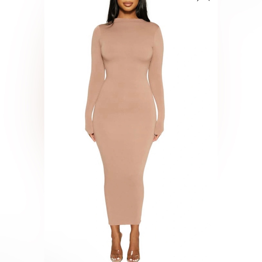 Naked Wardrobe Long Sleeve Midi Pencil Dress in Coco